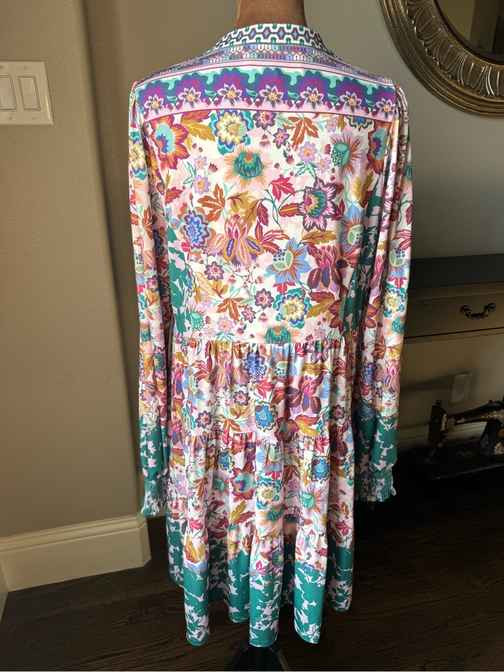 Hale Bob NWOT Floral Tiered Jersey Mini Dress Multicolor Boho Long Sleeve L - Picture 7 of 13